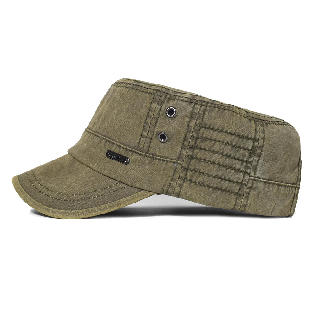 Men's Unique Design Vintage Washed Cotton Military Caps with Flat Top