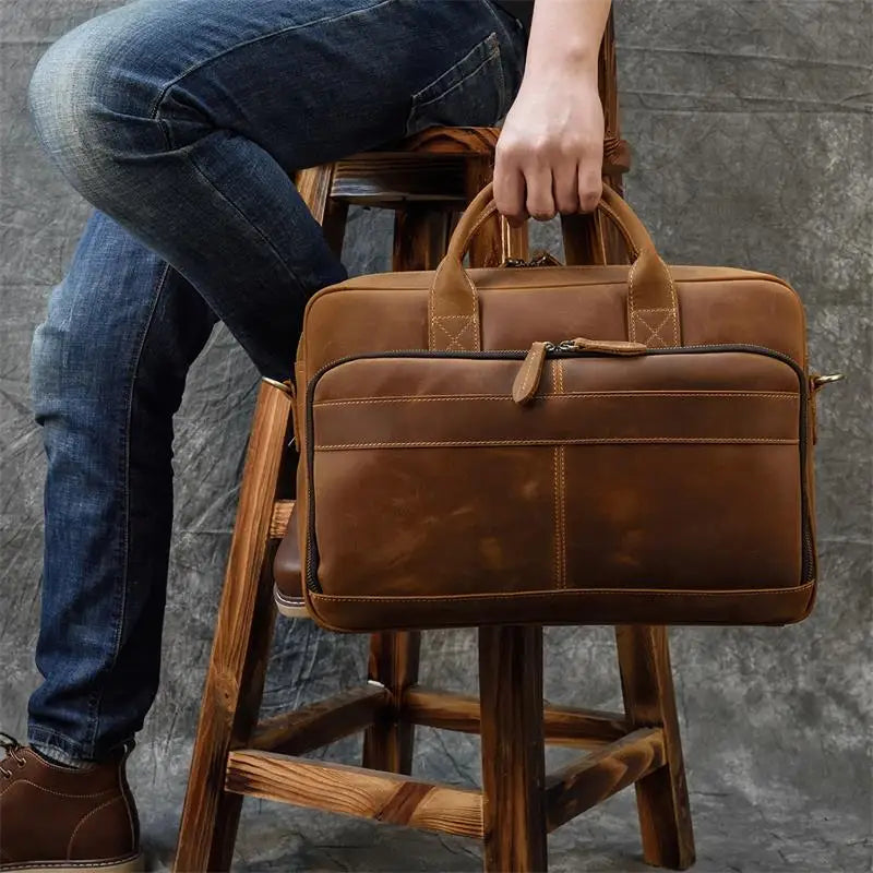 Men's Genuine Cowhide Leather Briefcase: Laptop Bag for 15.6" Laptop, Ideal for Doctors, Lawyers, and Professionals