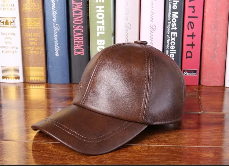 Embrace Winter Warmth: Men's Genuine Leather Cowhide Baseball Cap with Thermal and Ear Protective Features - Adjustable Size for Maximum Comfort