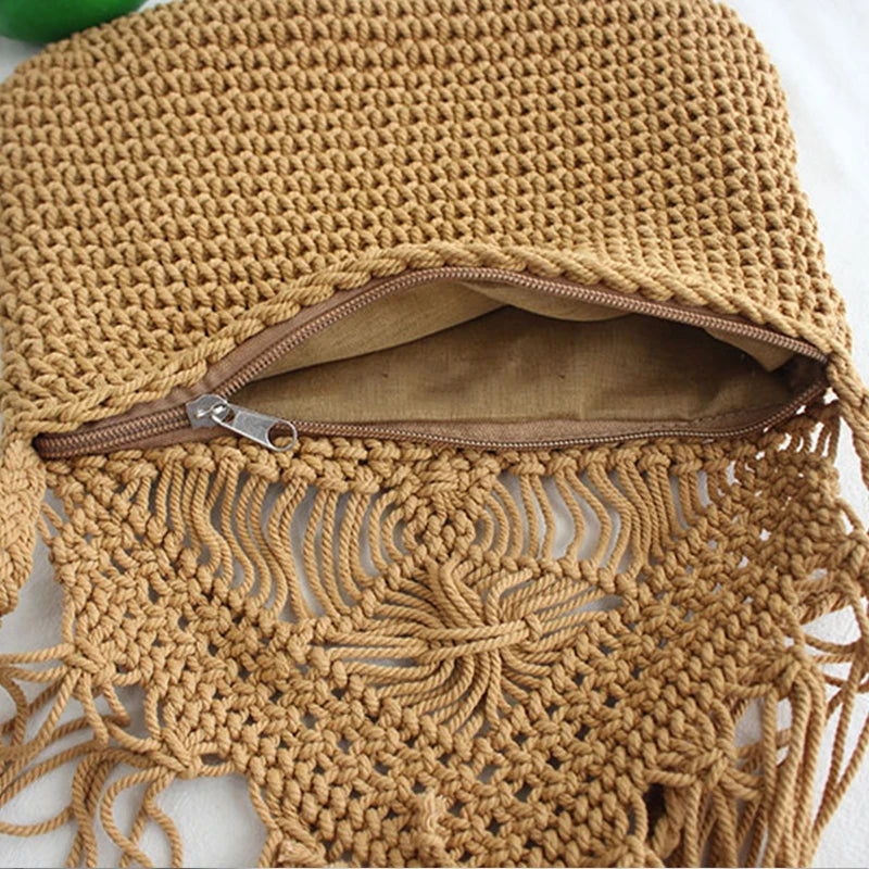 Handmade Cotton Woven Knitted Tassel Crossbody Bag – Vintage Shoulder Bag, Fashionable Summer Beach Handbag for Women