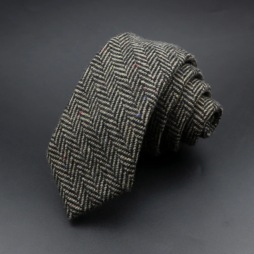 Narrow Collar Slim Cashmere Tie: Classic Plaid, Herringbone and Houndstooth Patterned Wool Necktie for Men's Suit, Perfect Party or Casual Accessory, Ideal Gift