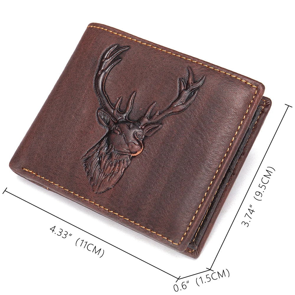 High-Quality Men's Genuine Leather Wallet: Deer Head Design with Coin Pocket, Zipper Purse, and Money Clip