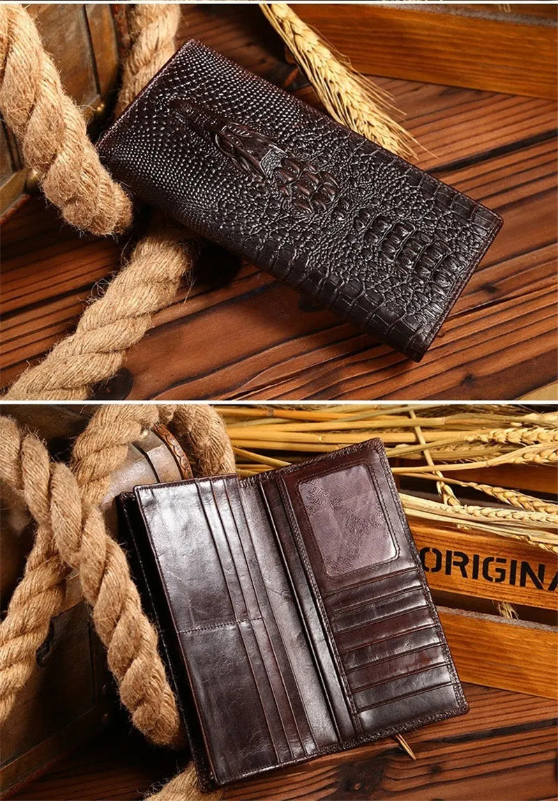 Luxury Choice: Alligator Design Genuine Cow Leather Long Wallets for Men