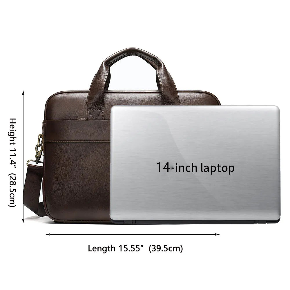 Men's Genuine Leather Briefcase for 14" Laptop: Messenger Bag, Business Portfolio for A4 Size Documents