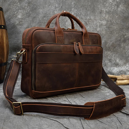 Men's Genuine Cowhide Leather Briefcase: Laptop Bag for 15.6" Laptop, Ideal for Doctors, Lawyers, and Professionals