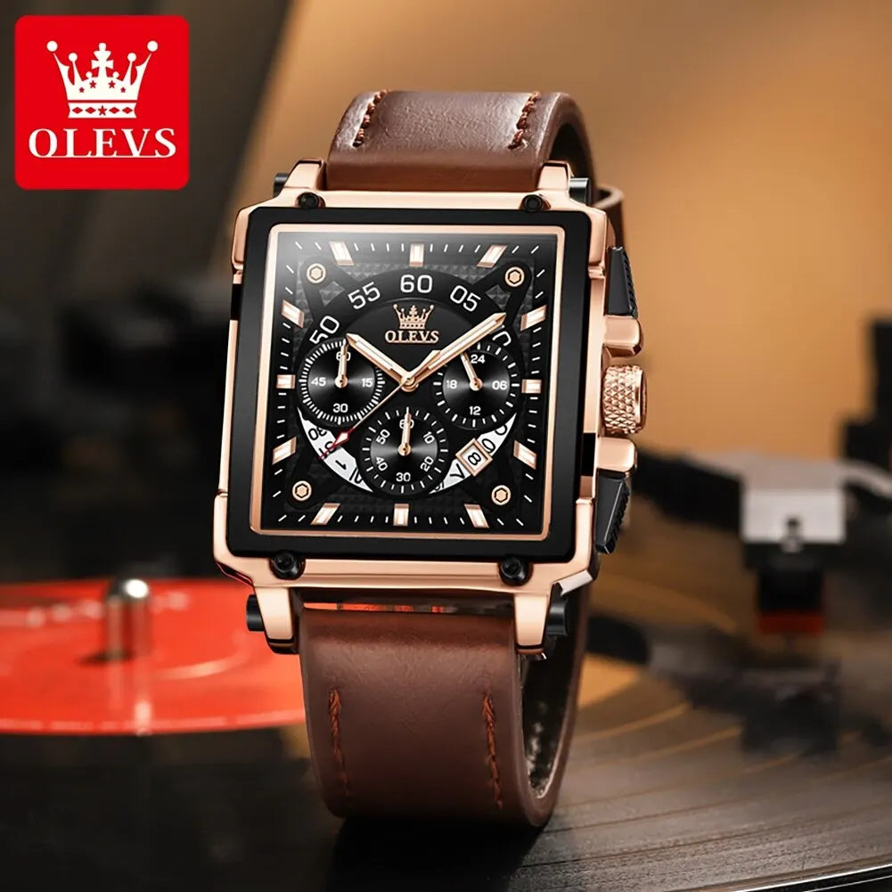 OLEVS Square Quartz Leather Strap Watch For Men