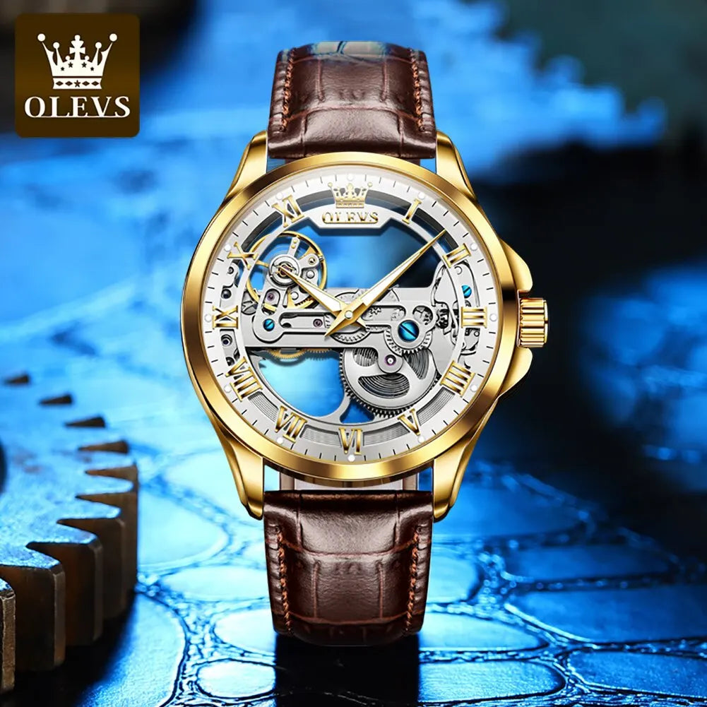 OLEVS Skeleton Design Waterproof Leather Strap Watch