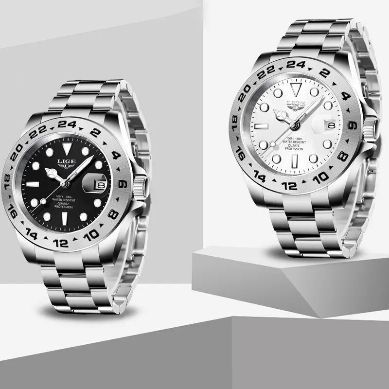 LIGE Stainless Steel Band Waterproof Wrist Watch for Men