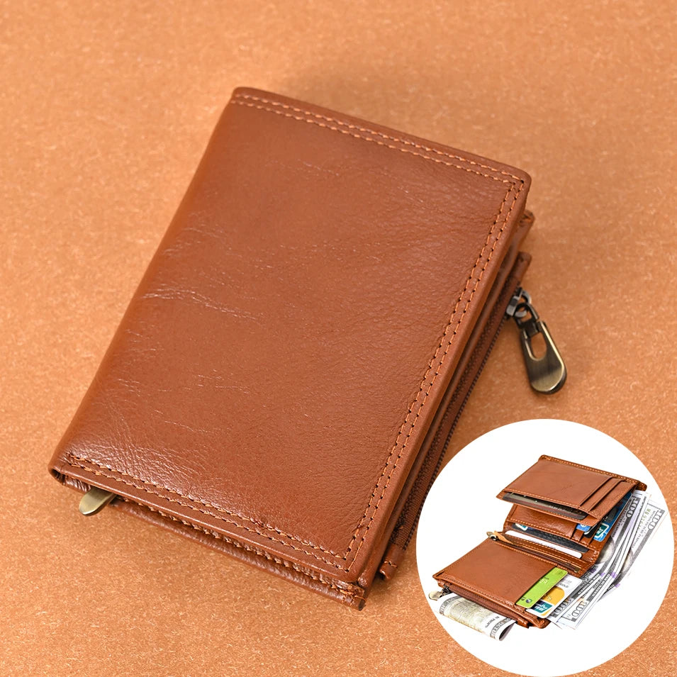 Men's Genuine Leather Tri-Fold RFID Wallet with Zipper Coin Purse