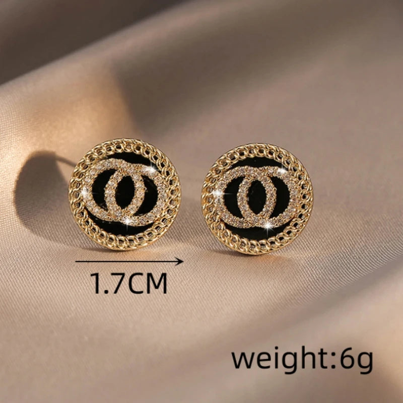 Enamel Crystal Double Round Circles Earrings in Black for Women