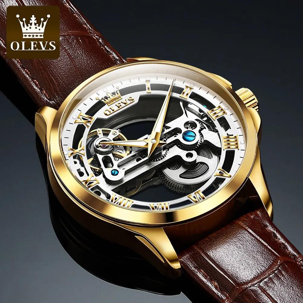 OLEVS Skeleton Design Waterproof Leather Strap Watch