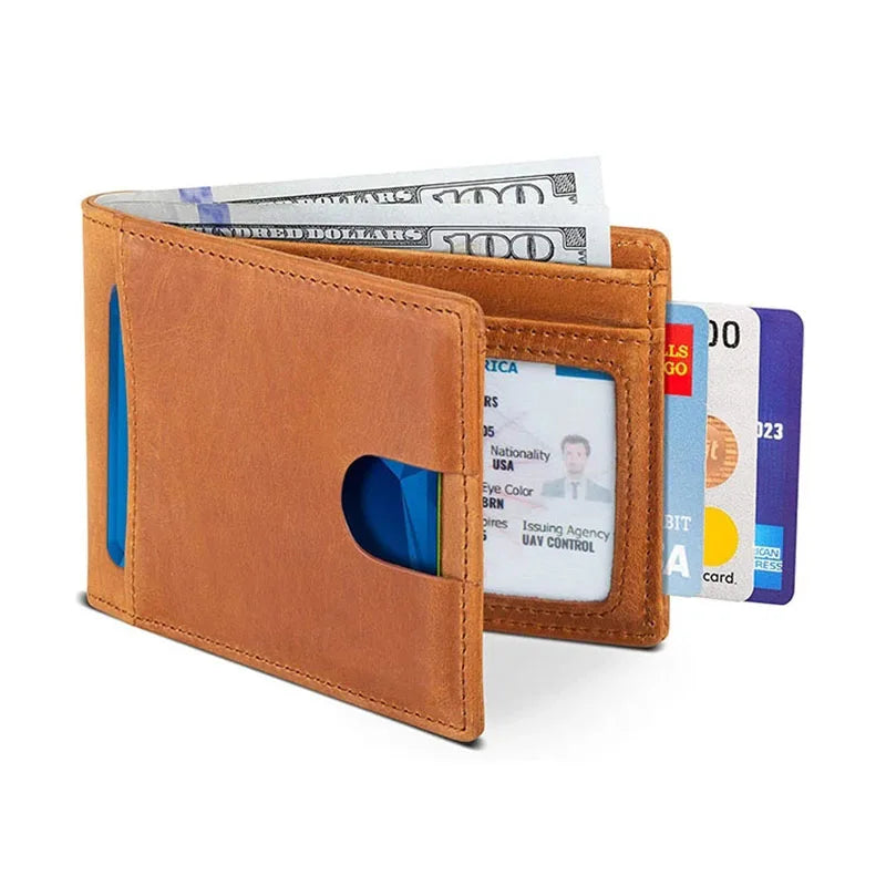 New RFID Mini Wallet: Vintage Genuine Leather Credit Card Holder with Money Clip for Men