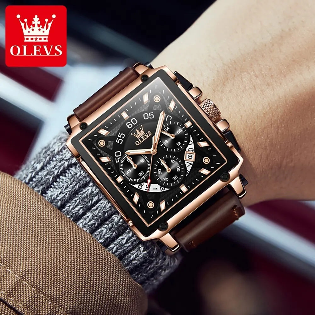 OLEVS Square Quartz Leather Strap Watch For Men