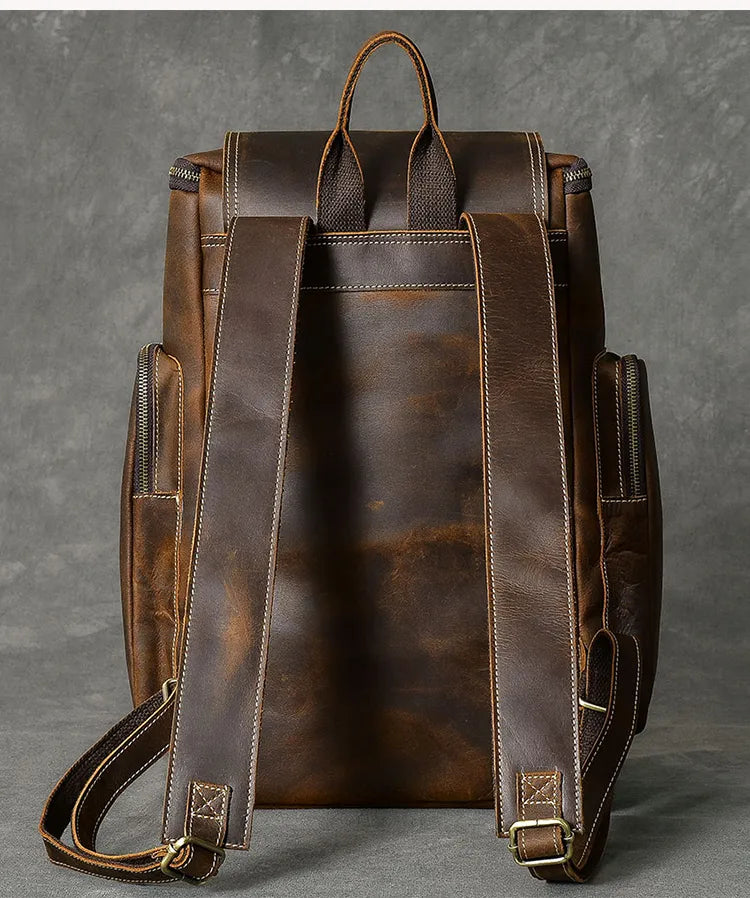Vintage Crazy Horse Genuine Leather Backpack for Men: Large Hiking Rucksack