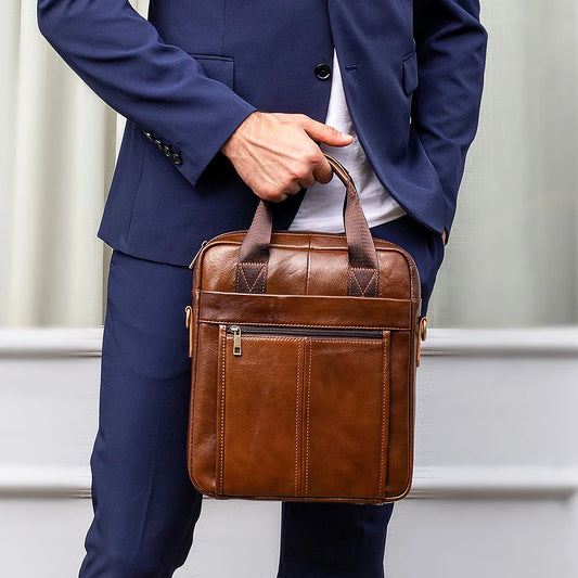 Genuine Leather Men's Briefcase: Large Capacity Travel Handbag for 13.3-Inch Laptop