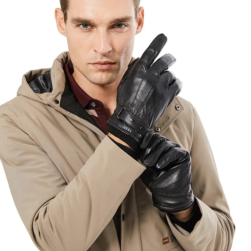 Upgrade Your Winter Style with Men's Genuine Sheepskin Leather Gloves - Autumn/Winter Warmth, Touch Screen Compatibility, Full Finger Coverage in High Quality Black