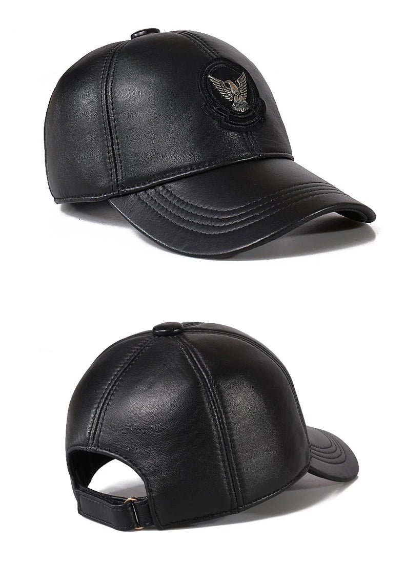 Embrace Style and Comfort: Genuine Sheepskin Leather Eagle Design Baseball Cap with Adjustable Size for Men