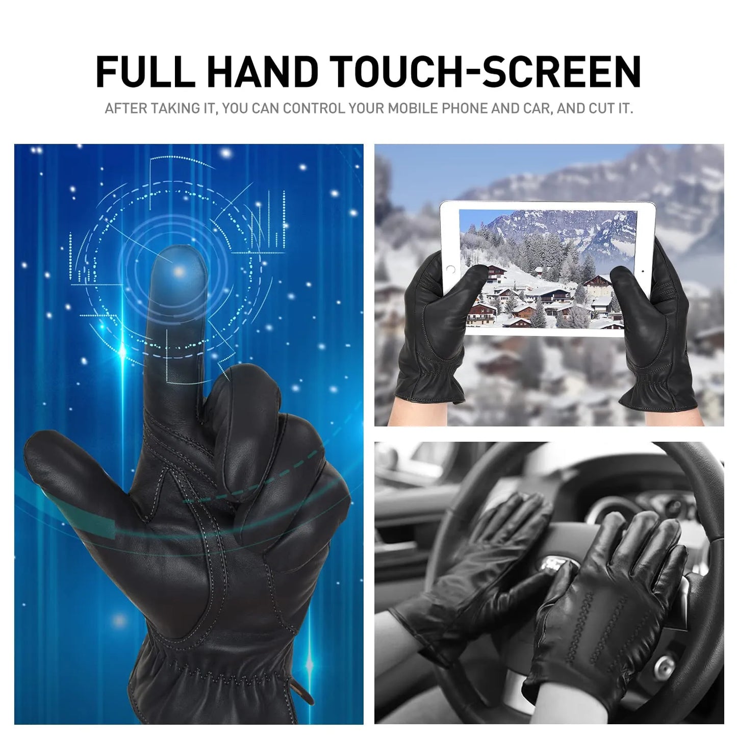 Stay Stylishly Warm with Men's Fashionable Sheepskin Gloves - Cashmere Lined, Touchscreen Compatible, Full Finger Gloves for Winter Riding and Driving.