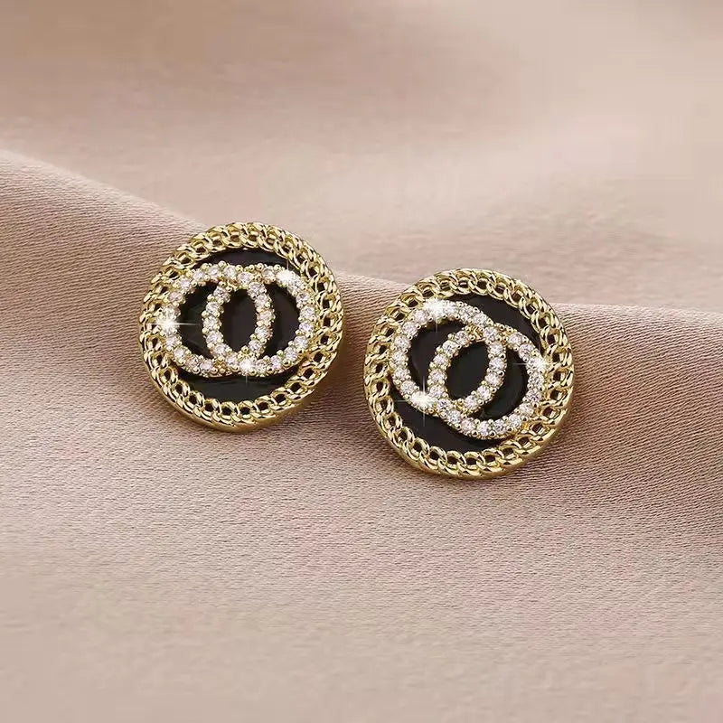 Enamel Crystal Double Round Circles Earrings in Black for Women