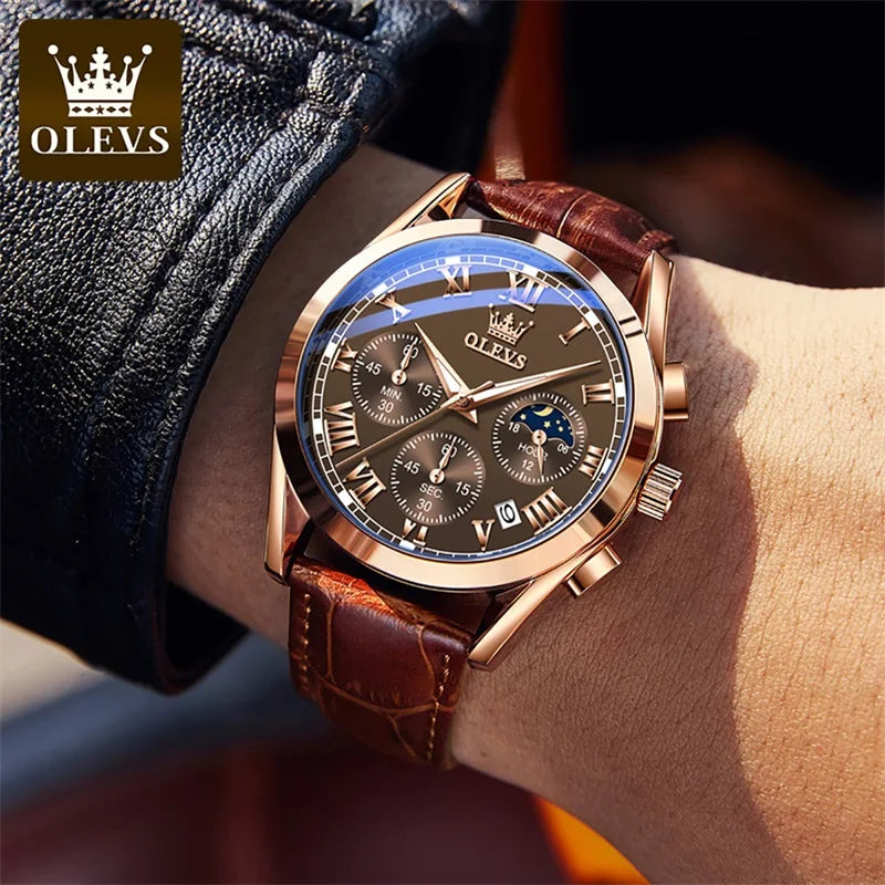 OLEVS Luxury Chronograph Leather Strap Wrist Watch