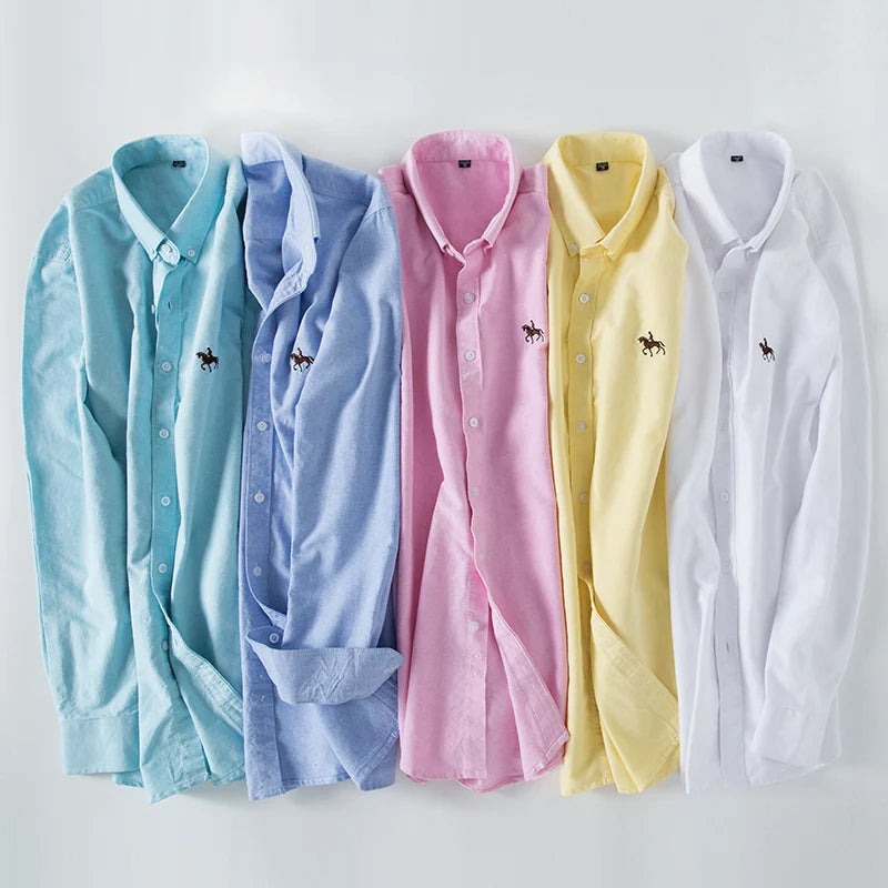 Embroidered Horse Pure Cotton Aqua Oxford Long Sleeve Casual Shirt