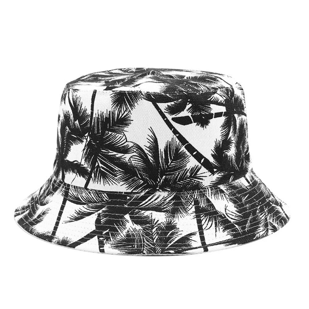 Summer Fashion Reversible Fisherman Bucket Hat with Black and White Coconut Tree Print