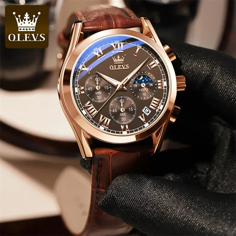 OLEVS Luxury Chronograph Leather Strap Wrist Watch