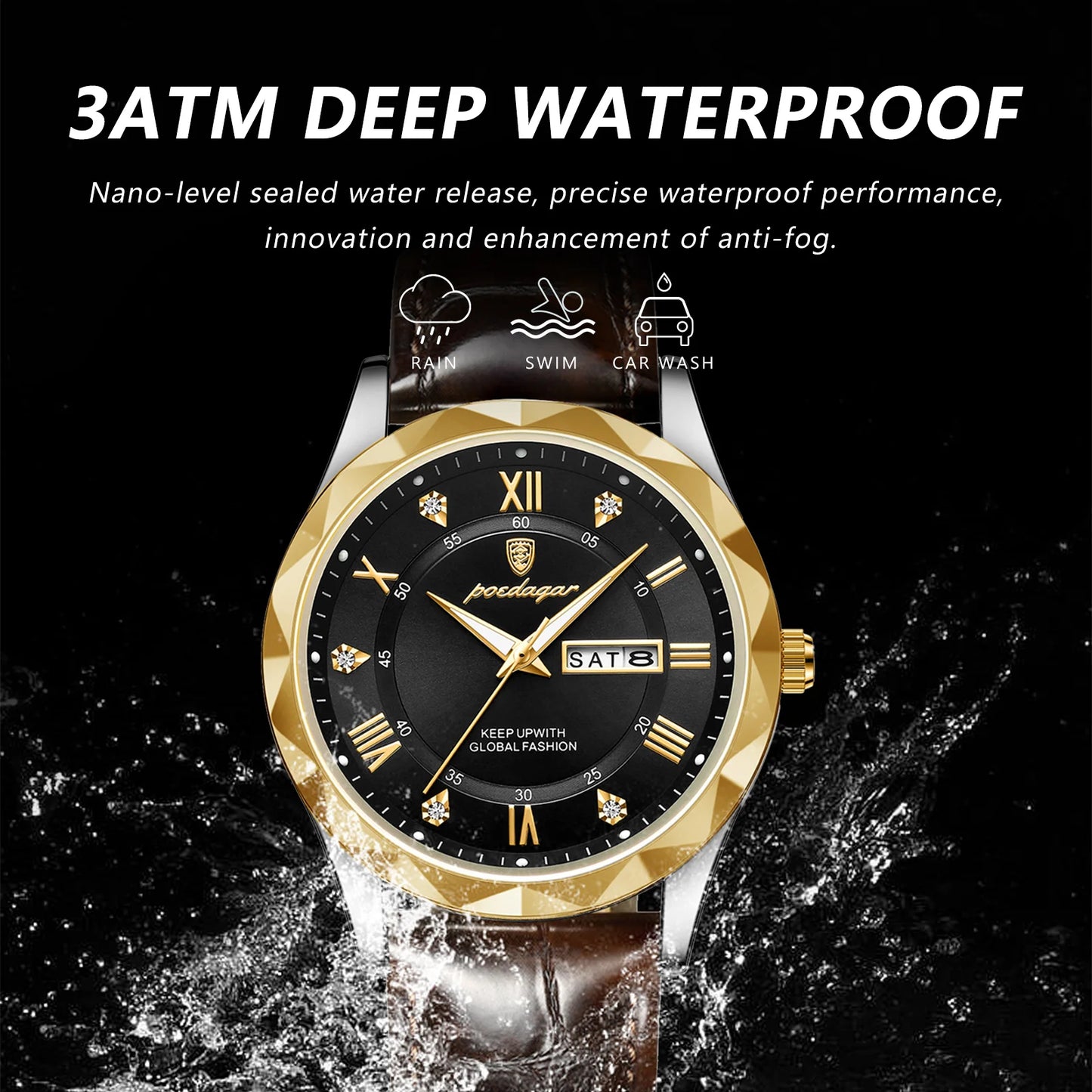 POEDAGAR Waterproof Quartz Clock Leather Strap Luxury Wristwatch