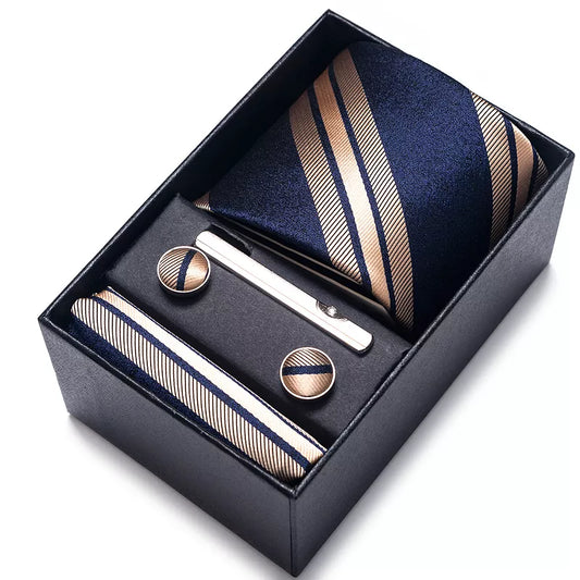 Men's 100% Silk Tie, Handkerchief, Cufflink Set: Elegant Suit Accessories in a Holiday Gift Box