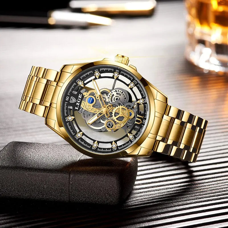 LIGE Skeleton Quartz Retro Style Men's Watch