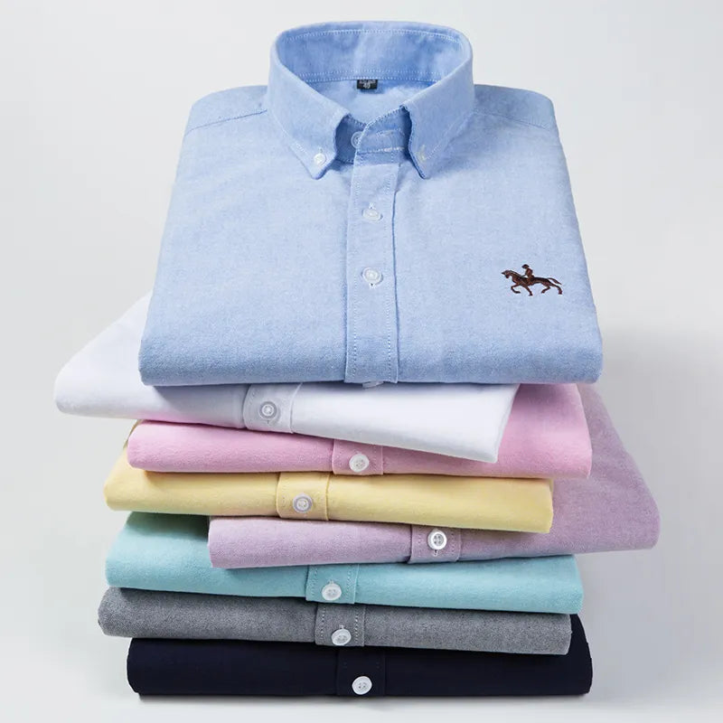 Embroidered Horse Pure Cotton Oxford Long Sleeve Casual Shirt
