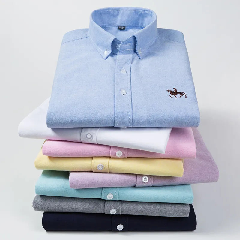 Embroidered Horse Pure Cotton Aqua Oxford Long Sleeve Casual Shirt