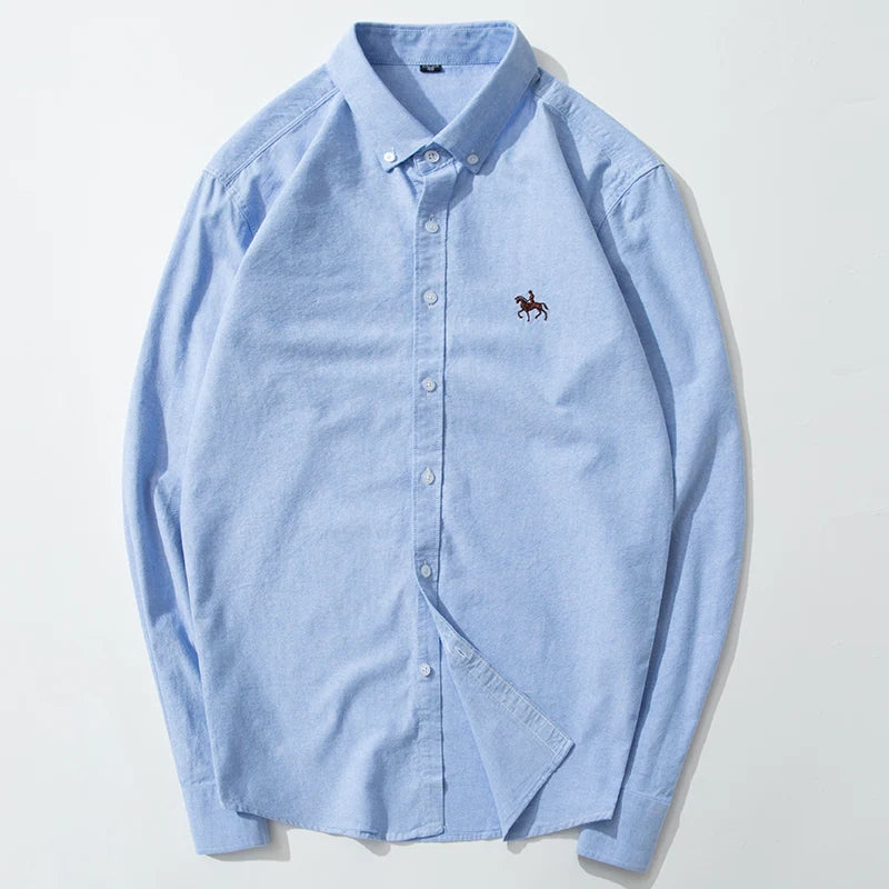 Embroidered Horse Pure Cotton Sky Blue Oxford Long Sleeve Casual Shirt