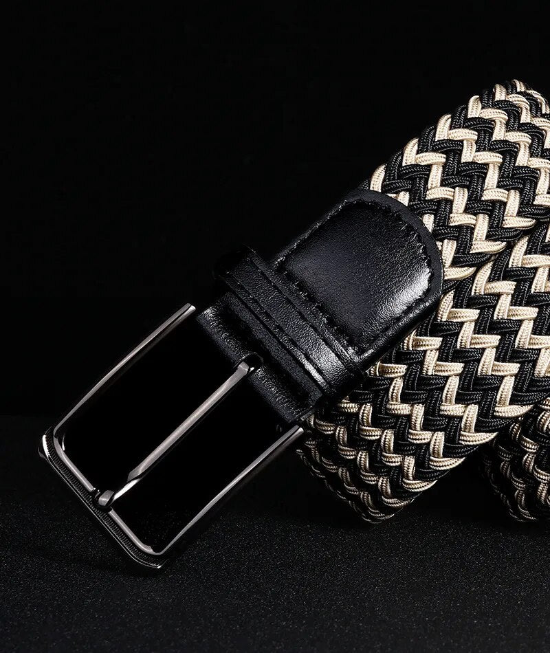Stylish Men's Knitted Elastic Belt - Breathable Canvas with Pin Buckle and Perforation Detail