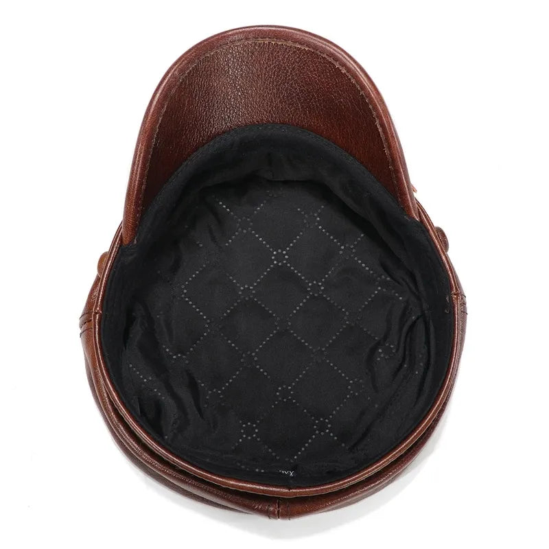 Men's Genuine Leather Military Hats: Flat Top Design, Adjustable Size for Autumn/Winter Elegance