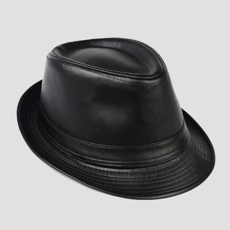 Man High Quality Genuine Leather Jazz Fedora Gentleman Cow Skin Short Brim Black/Brown Sheepskin Fitted Top Hat Male Shows