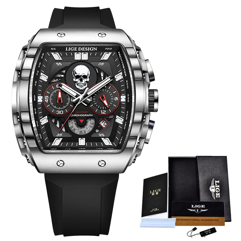 LIGE Design Skull Concave Shape Wrist Watch