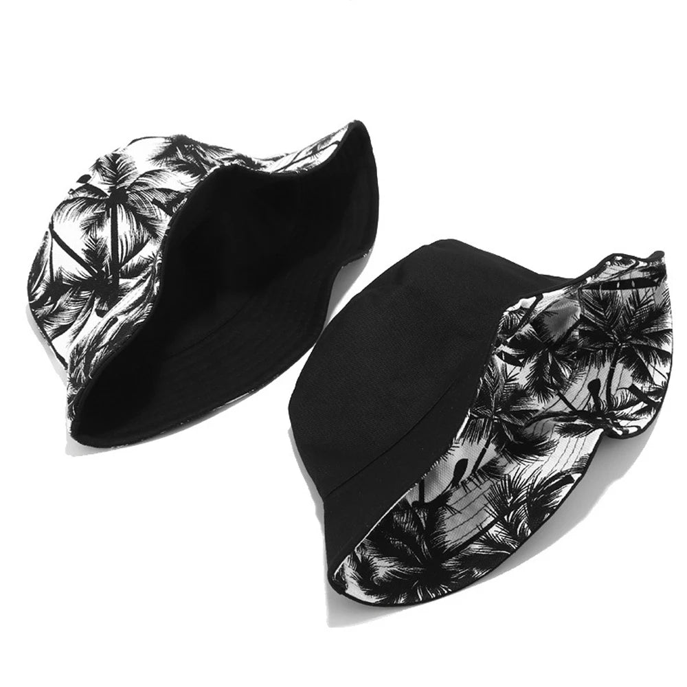 Summer Fashion Reversible Fisherman Bucket Hat with Black and White Coconut Tree Print