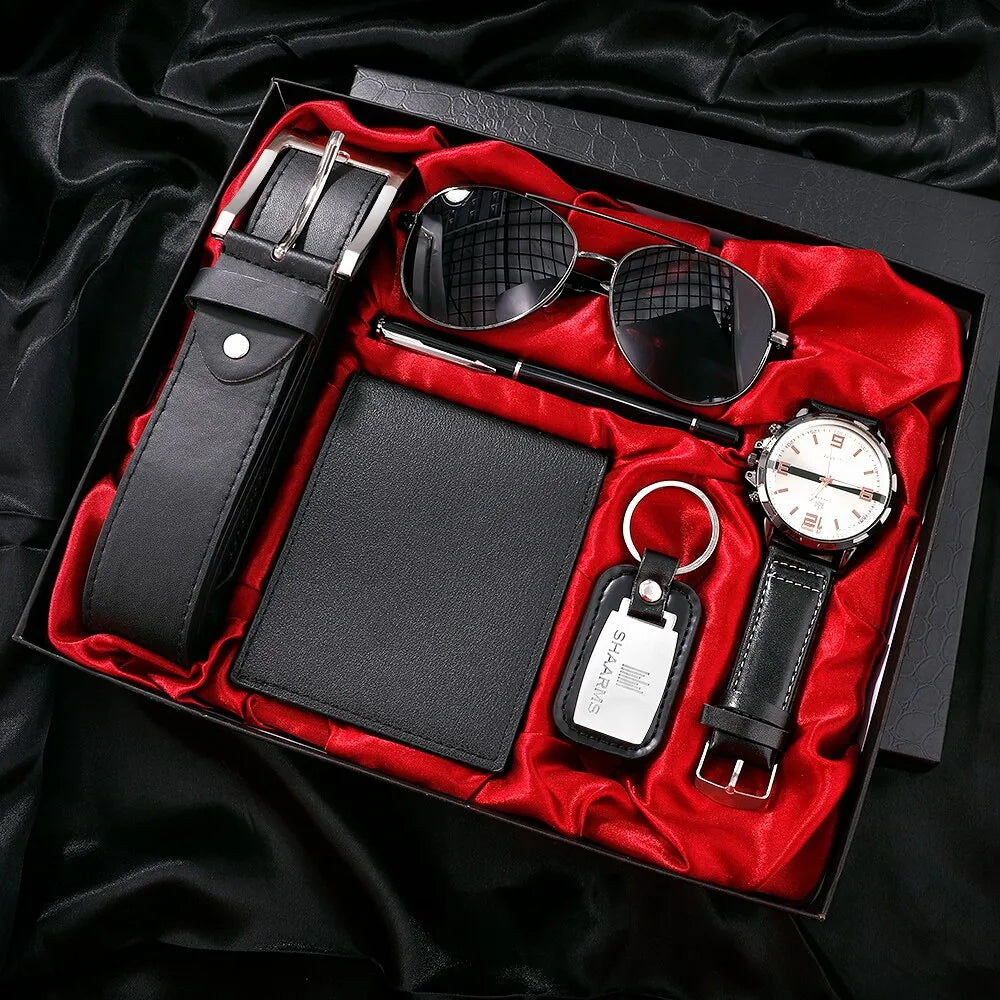 Men's Luxury Business Gift Set: 6-in-1 Collection with Watch, Glasses, Pen, Keychain, Belt, and Purse - Ideal for Welcome, Holidays, and Birthdays
