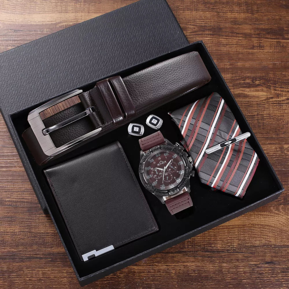 Men's Fashion Watch Set: Gift Box with Leather Belt, Wallet, Tie, and Cufflinks - Ideal for Birthday, Business, and Special Gifts for Men, Boyfriend, Father, Husband
