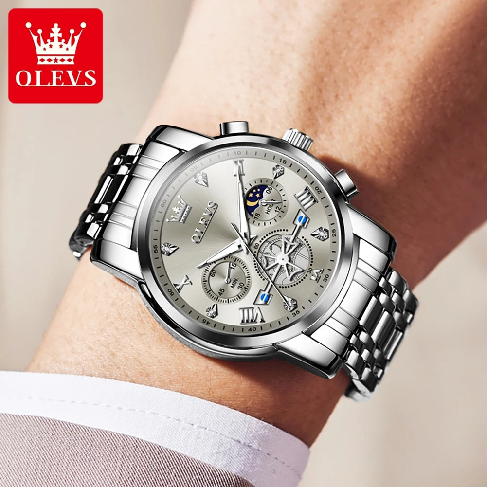 OLEVS Stainless Steel Chronograph Moon Phase Quartz Wrist Watch