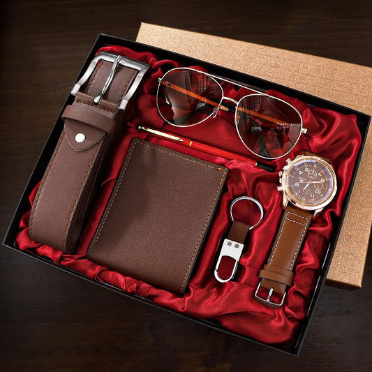 Men's Luxury Business Gift Set: 6-in-1 Collection with Watch, Glasses, Pen, Keychain, Belt, and Wallet - Perfect for Welcoming, Holidays, and Birthdays