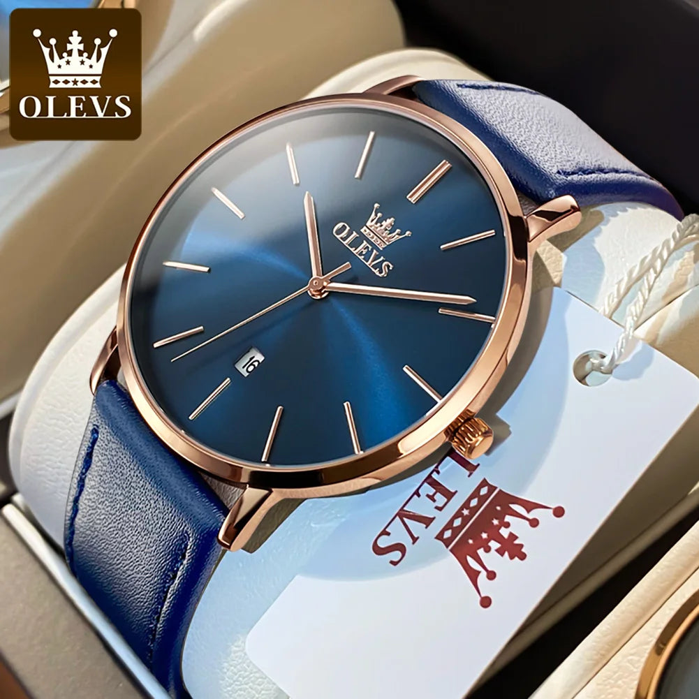 OLEVS Quartz Ultra Thin 6.5mm Minimalist Waterproof Leather Strap Men's Watch