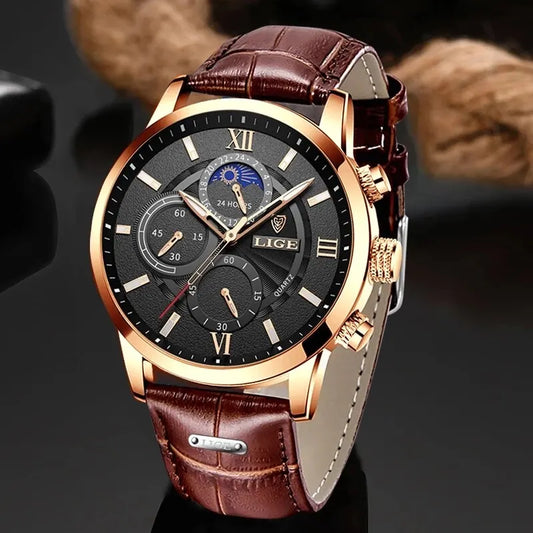 LIGE Luxury Brown Leather Casual Quartz Watch