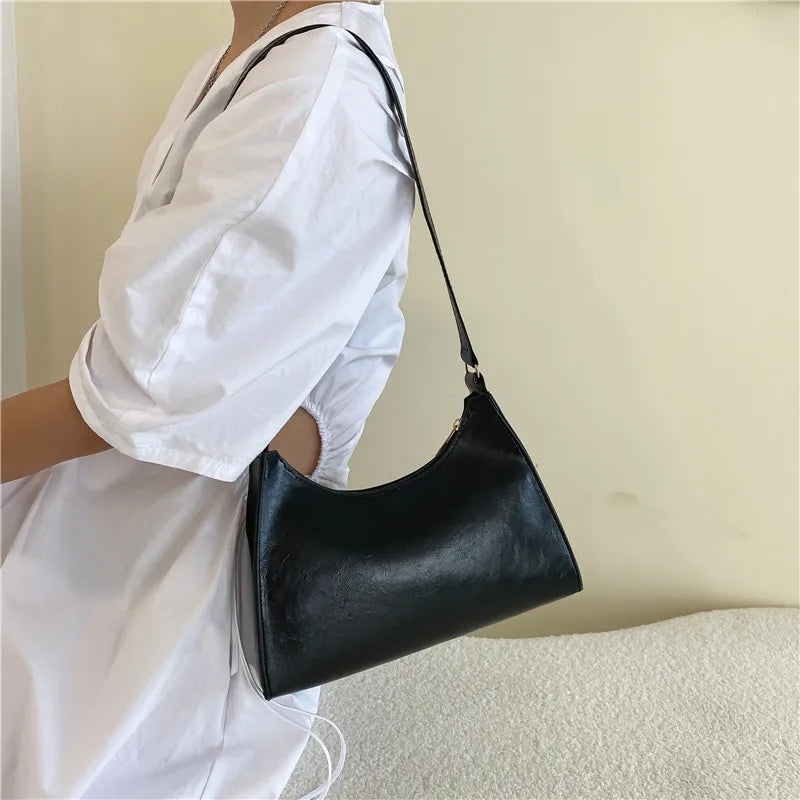 Fashionable Retro Handbag – Casual Leather Shoulder Bag for Women, Solid Color Design