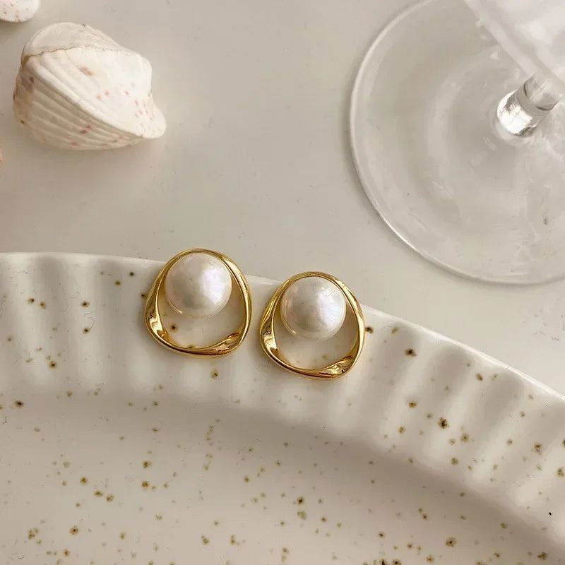 Gold-Toned Round Pearl Stud Earrings: Exquisite and Delicate Design for Women