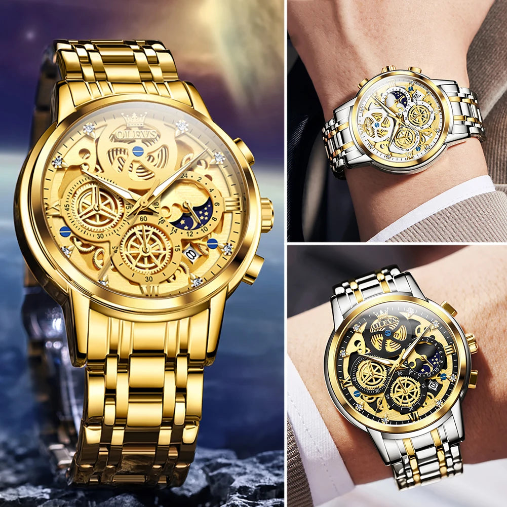 OLEVS Men's Gold Skeleton Style Luxury Quartz Watch