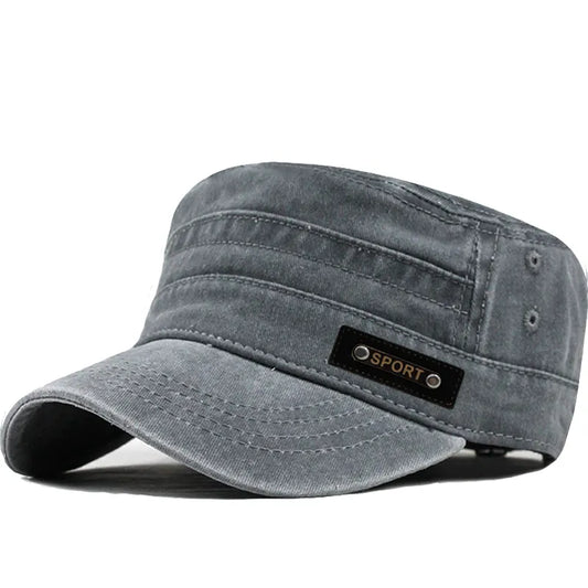 Men's Unique Design Casual Washed Cotton Military Hat: Adjustable Fisher Flat Top Cap for a Vintage Four Seasons Look