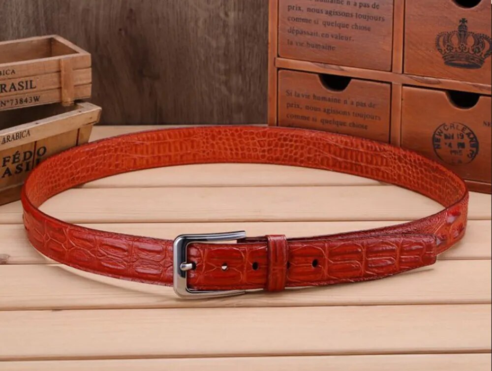 Genuine Leather Crocodile Striped Men's Belt with Pin Buckle - Perfect for Jeans and Cowboy Attire