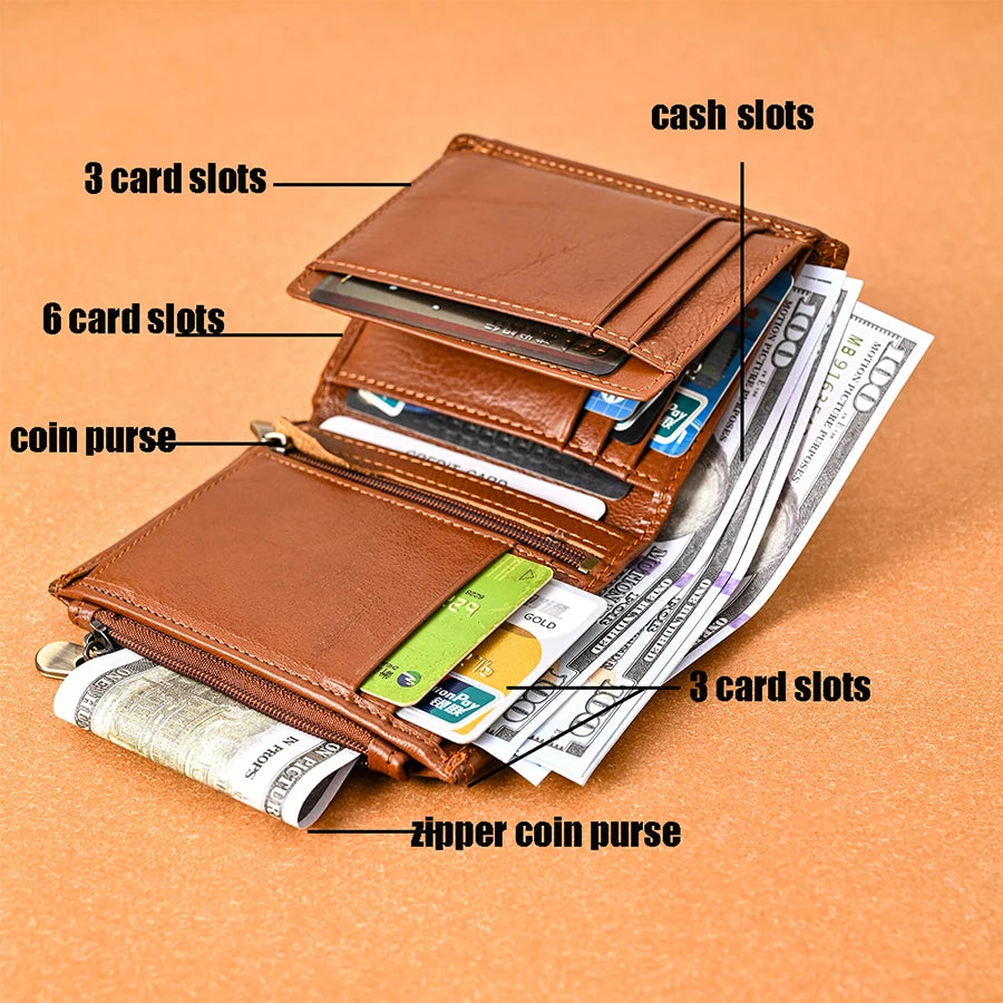 Men's Genuine Leather Tri-Fold RFID Wallet with Zipper Coin Purse